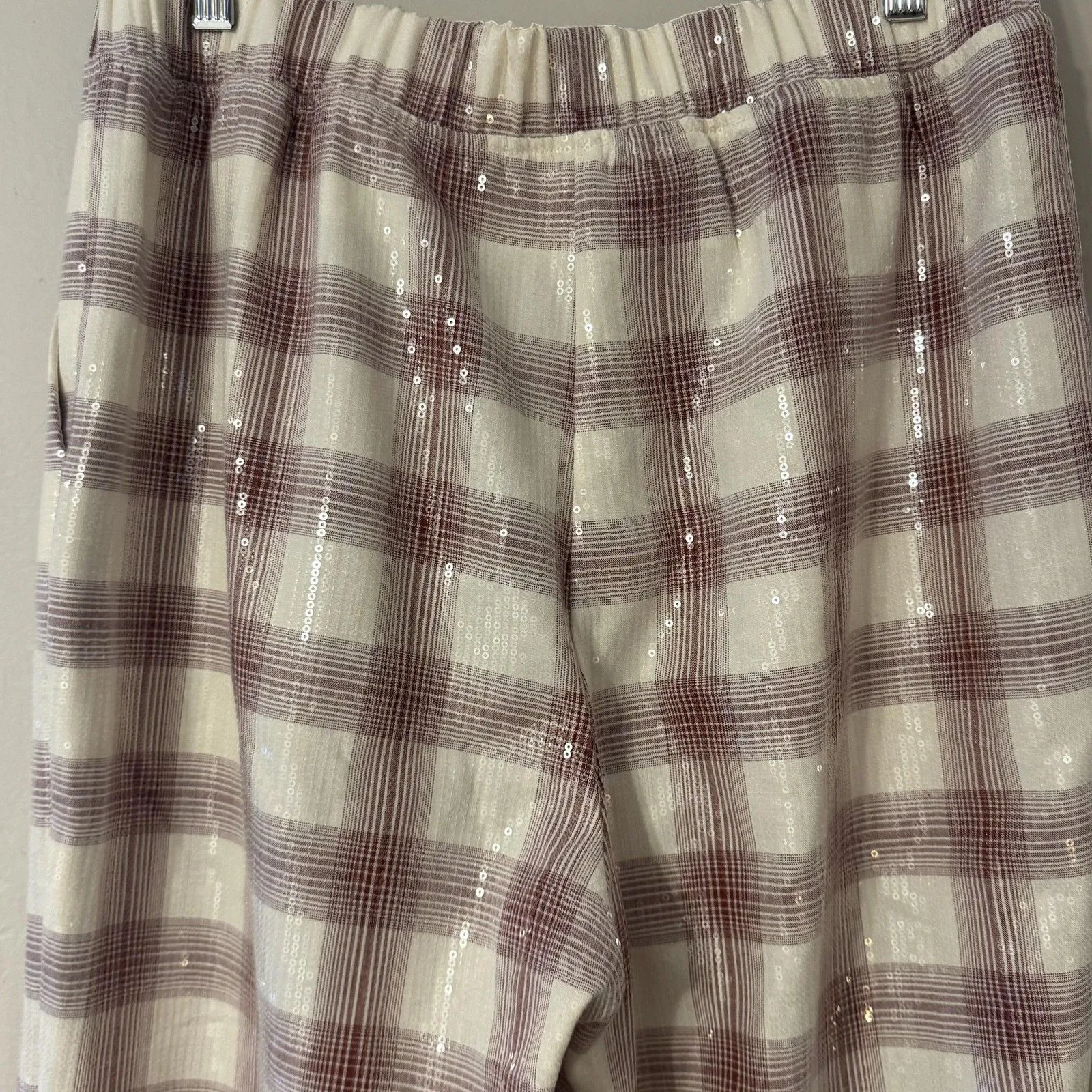 Eva Franco Pants Womens Medium White Plaid Sequin Feather Hem Cropped Pull On - Image 9