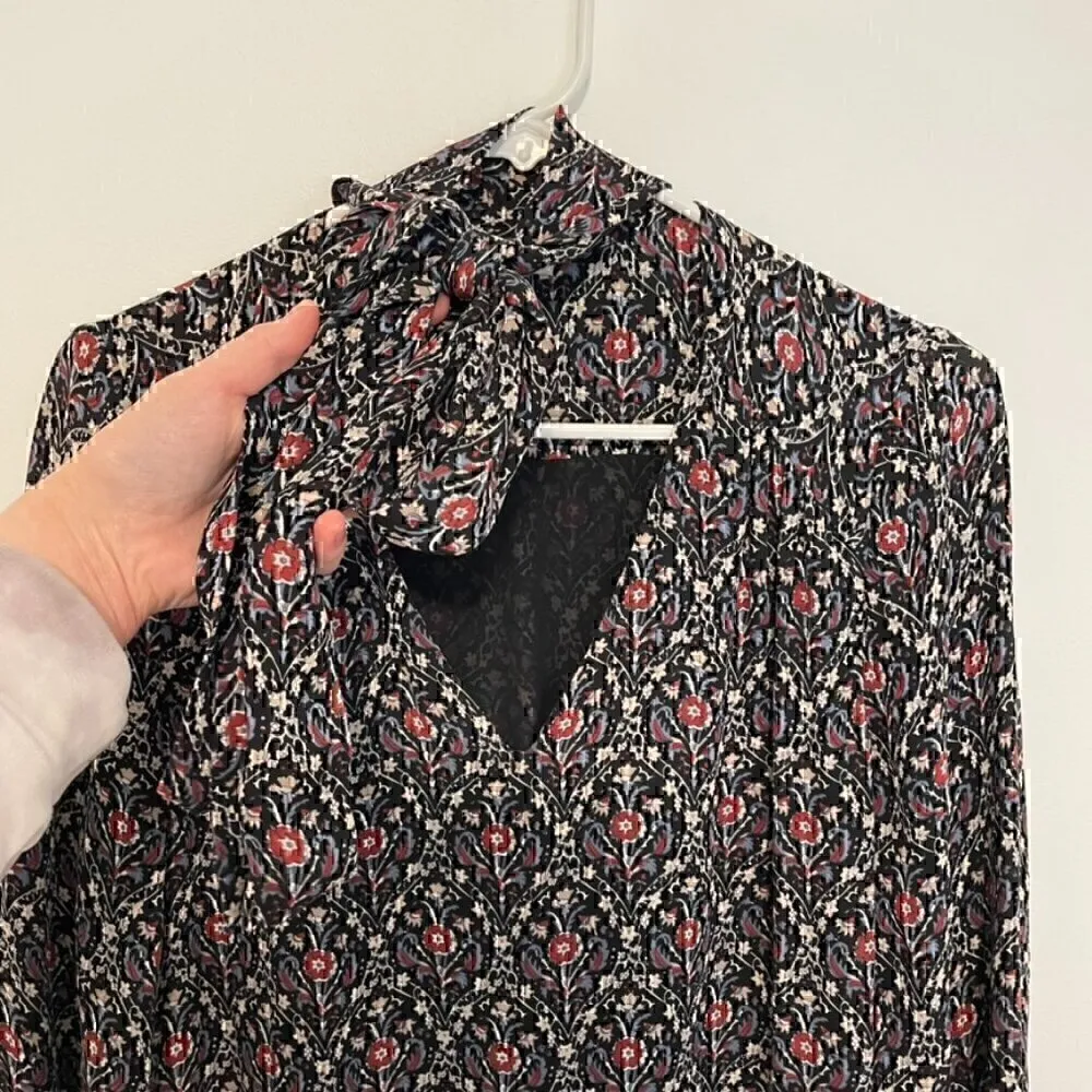 JOIE Jamira Dress Black Blue Red Floral Tie Neck Bow Asym Ruffle 100% SILK Mini - Image 8