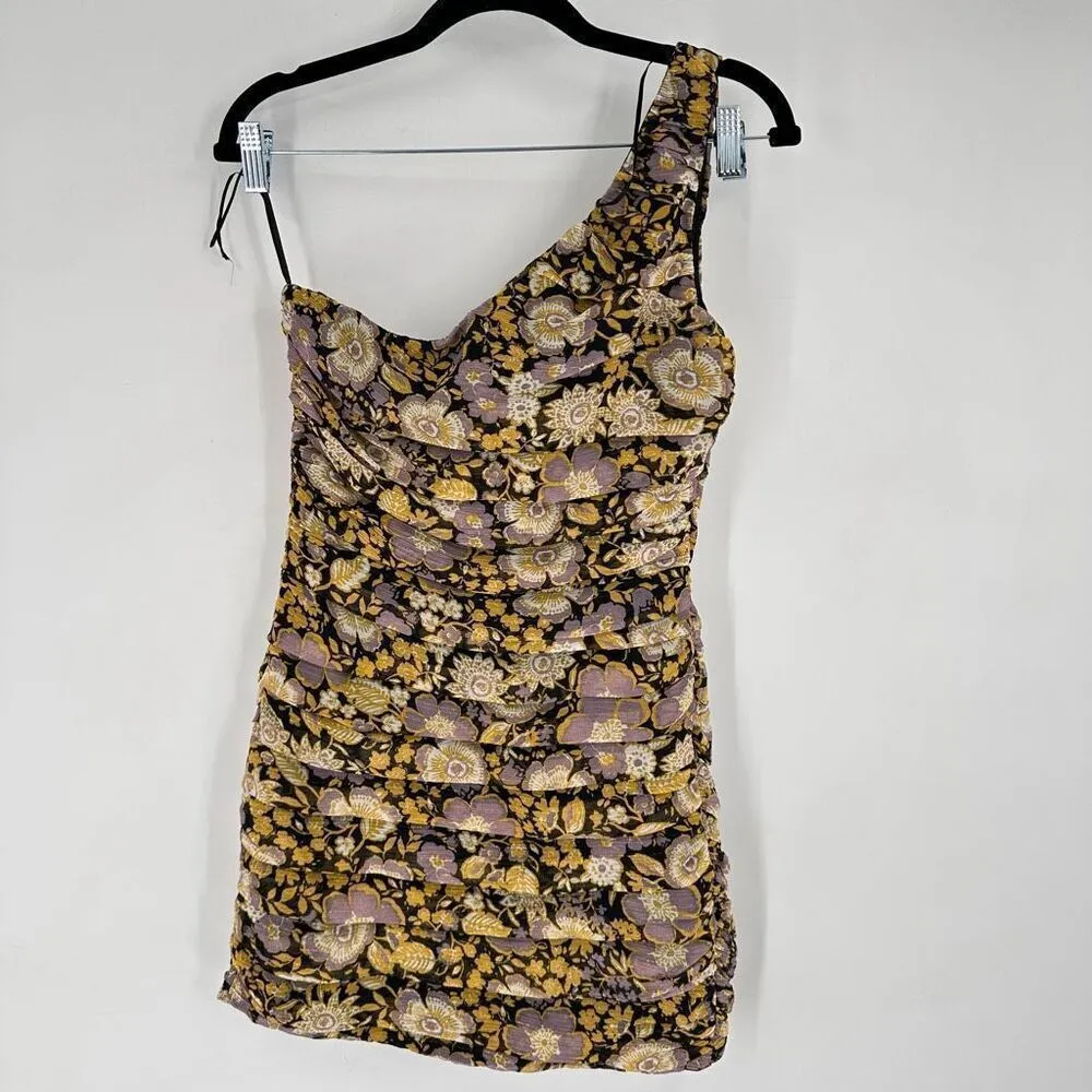 NWT Zara One Shoulder Floral Ruched Metallic Mini Dress BodyCon Small Party Club - Image 3