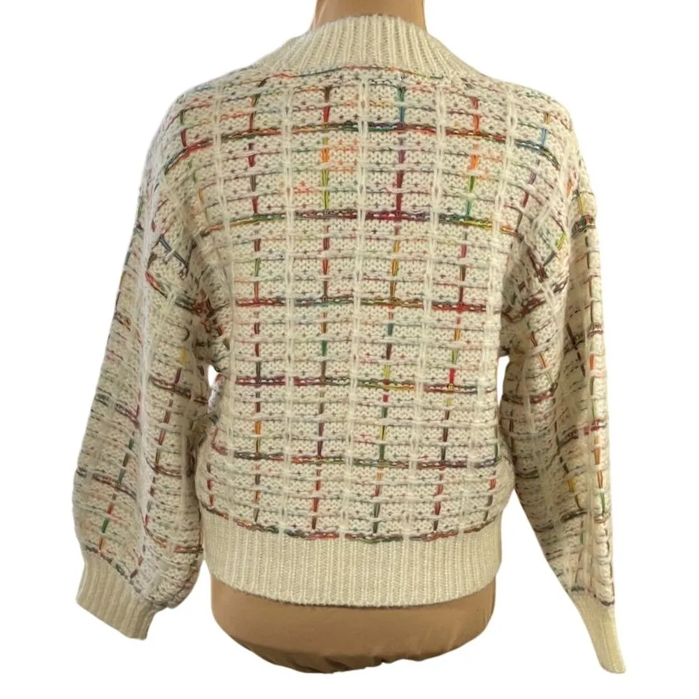 by Anthropologie Confetti Sweater Cream Rainbow Plaid Size XS Extra Small - Image 3