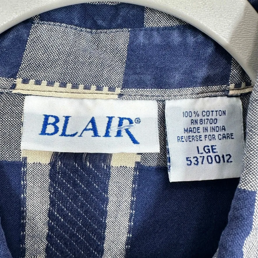 Blair Women's Blue Beige Plaid Leaf Print Button Up Shirt Cottagecore Checkered - Image 6