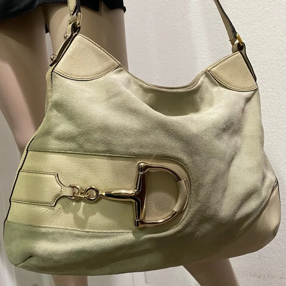 Vintage Authentic  Hasler Horsebit Suede Pale Green/Beige Large Hobo Bag - Image 3