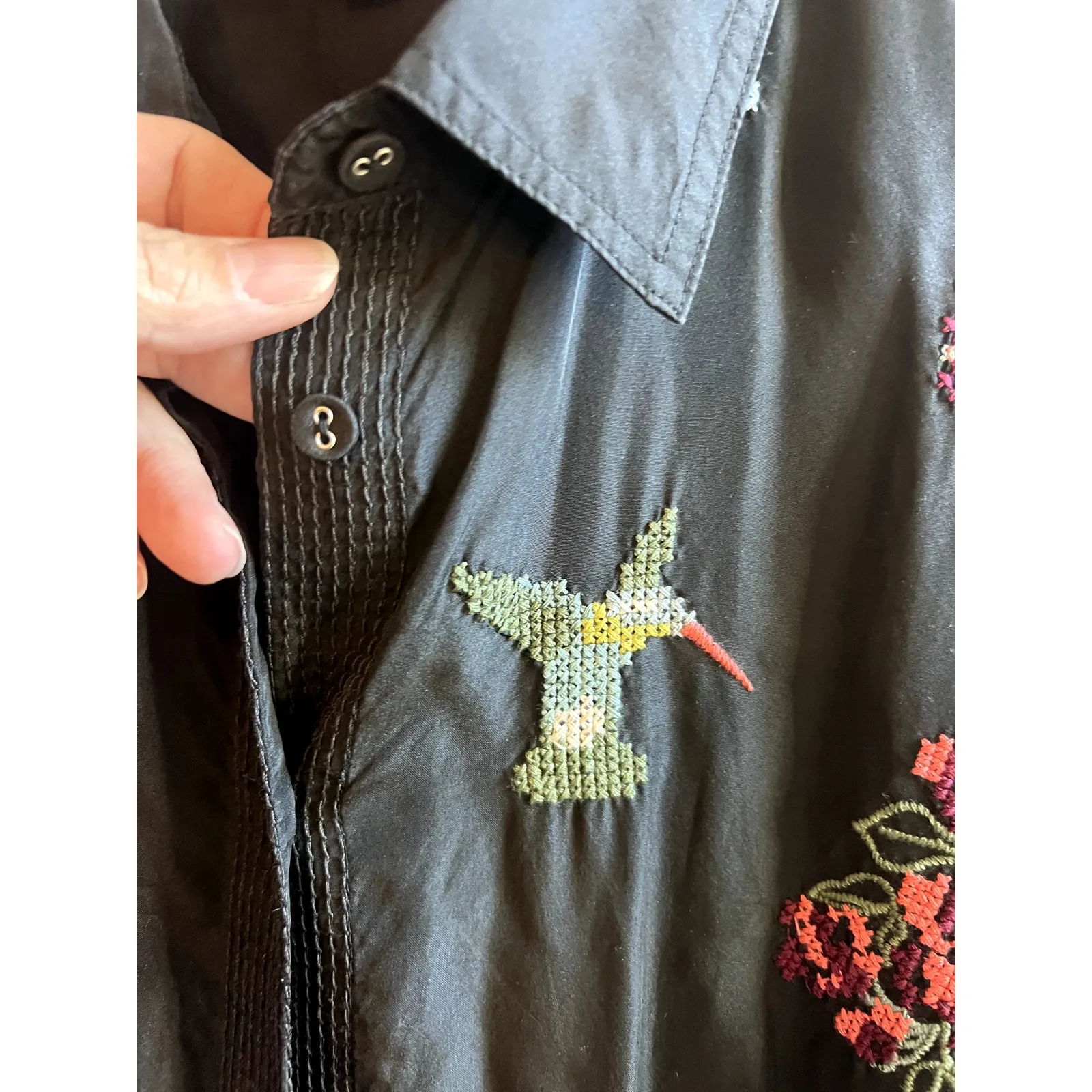 Johnny Was Dress Small maxi  Black Sill embroidered full buttons long sleeves - Image 5