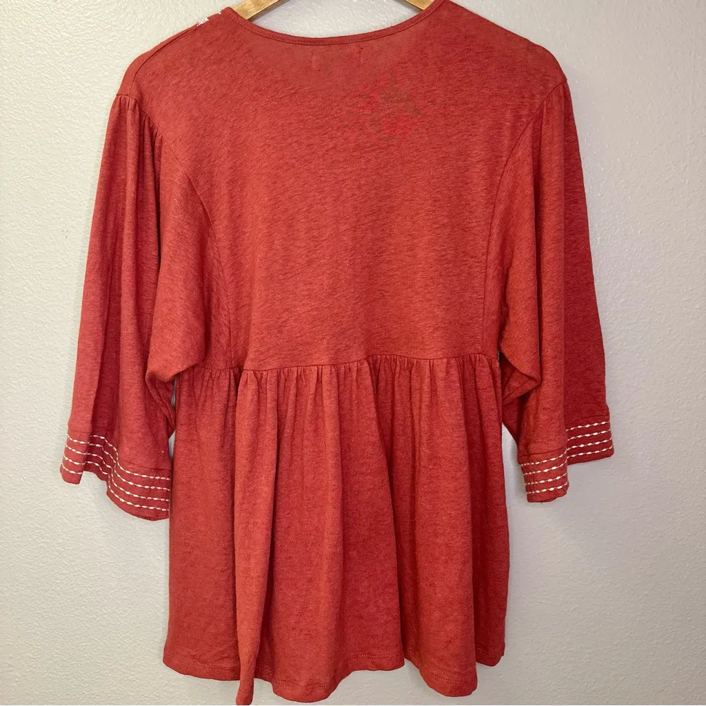 NWT Grace & Lace Autumn Days Embroidered Linen Cotton Tassel Tie Neck Blouse Top Orange - Image 6