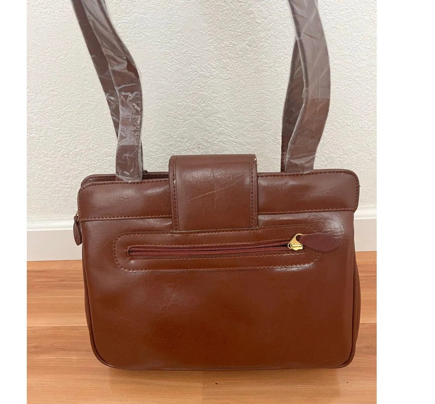 Vintage 80s Cognac Faux Leather Purse Shoulder Bag detachable double strap Brown - Image 7