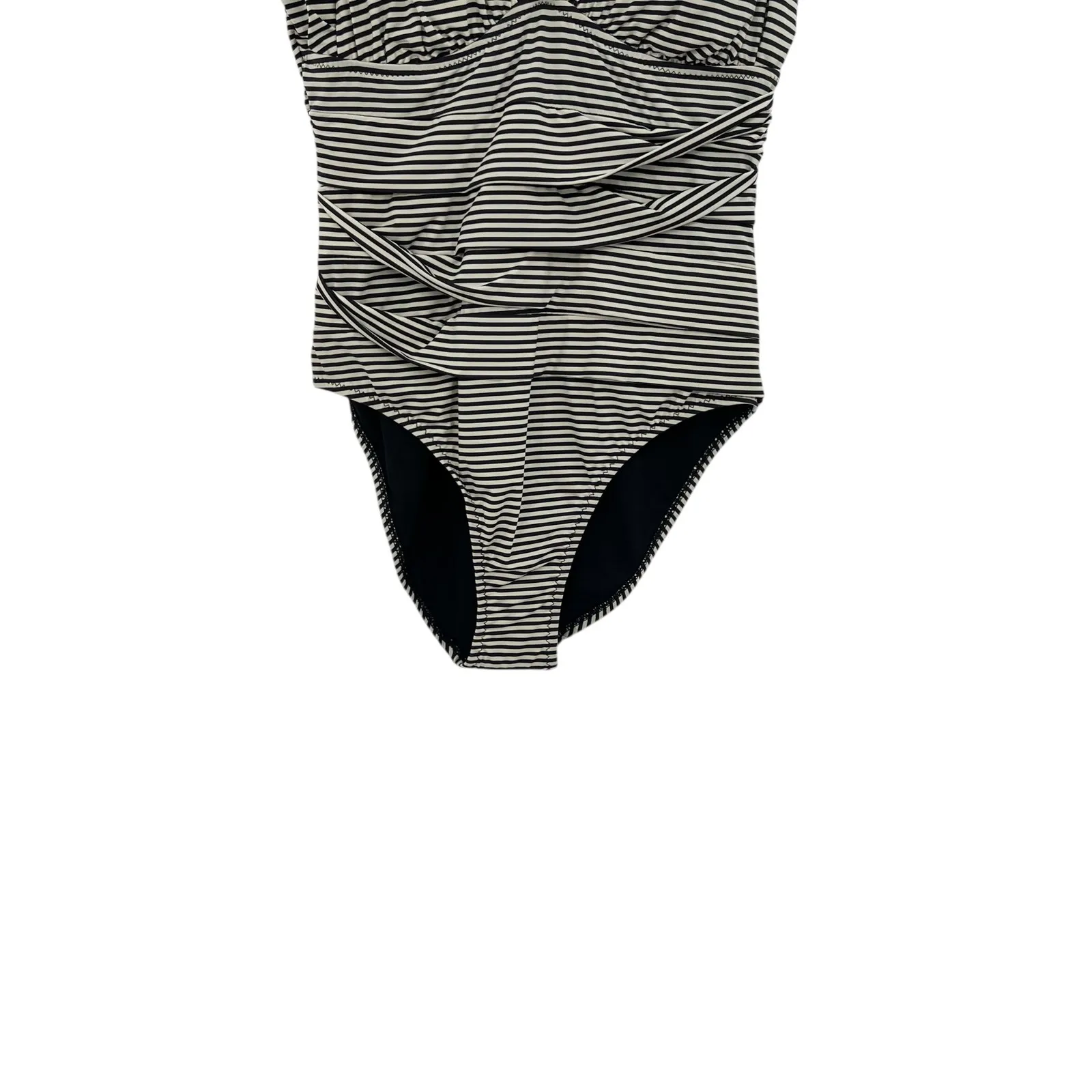 Garnet Hill One Piece Swimsuit Ruched Plunge Striped Black Cream Size 8 - Image 7