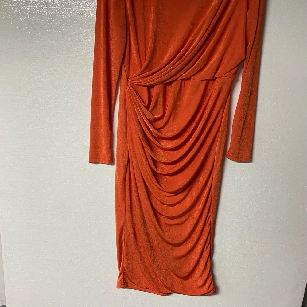 JLUXLABEL KARA MOCK NECK DRESS MIDI 2XL SLINKY STRETCH WAIST GATHERING ORANGE - Image 4