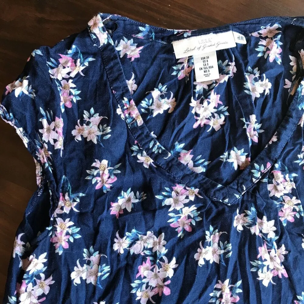 HM floral dress sz 8 cap sleeve v neck lightweight LOGG blue pink flower H&M - Image 3