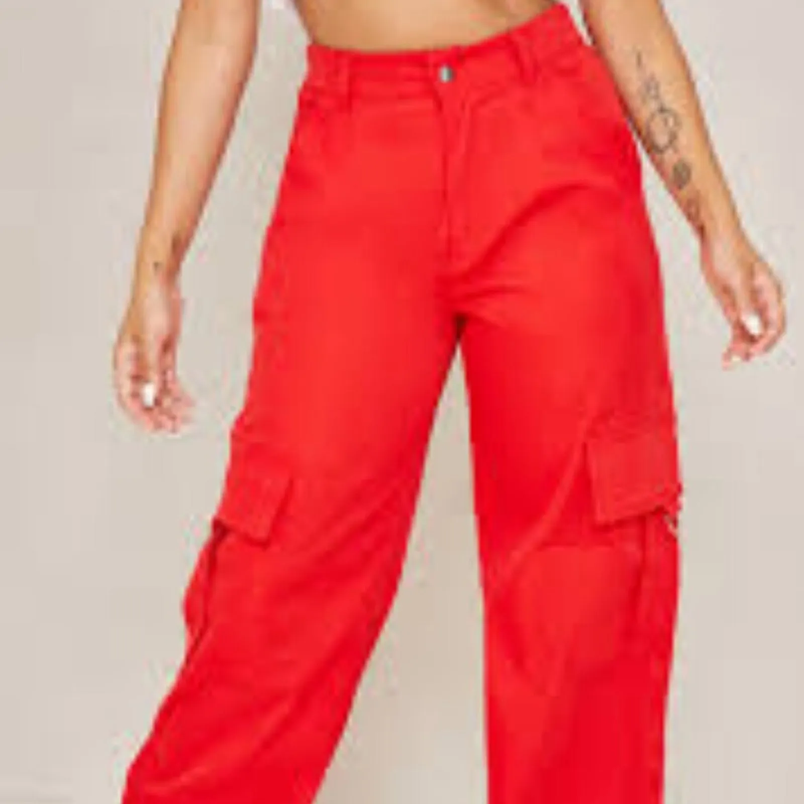 Pretty Little Thing Petite Red Buckle Detail Cargo Wide Leg Pants  Size 2 - Image 8