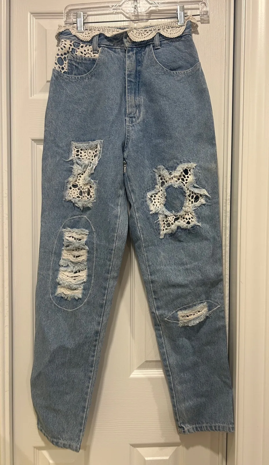 Vintage 80s 90s Mom Jeans High Waist Distressed Lace Applique Denim Zip Code Blue Size 33 - Image 1