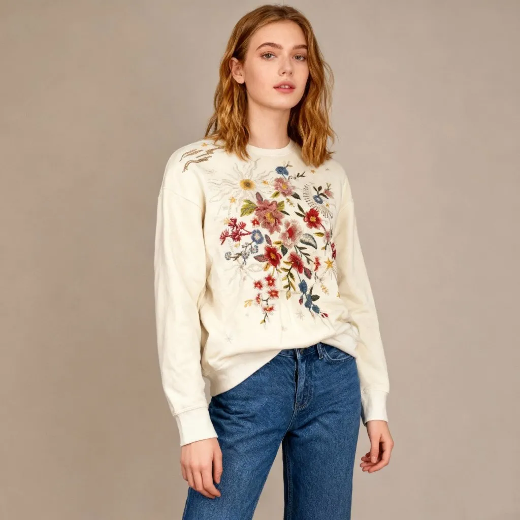 NWOT JohnnyWas Embroidered Floral Sweat Suit 2Pcs Set Sweatshirt Tracksuit Pants - Image 2