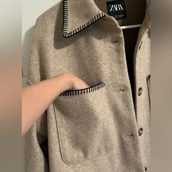 Zara NWT beige tan oversized button front stitched shacket - Image 16