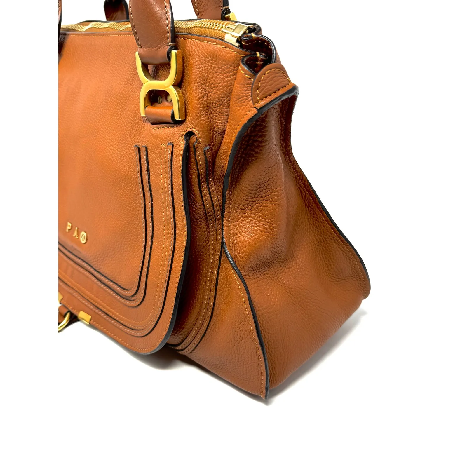 Chloe Large Marcie Pebbled Leather Satchel Bag Tan Cognac Gold Hardware w COA - Image 4