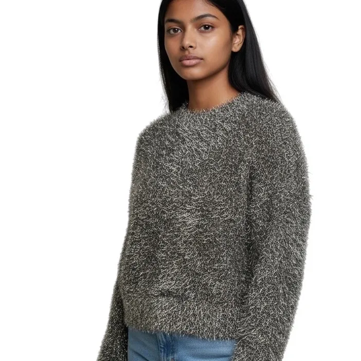 & Other Stories Sparkly Eyelash Silver Metallic Sweater Dolman Sleeve MockNeck S - Image 2