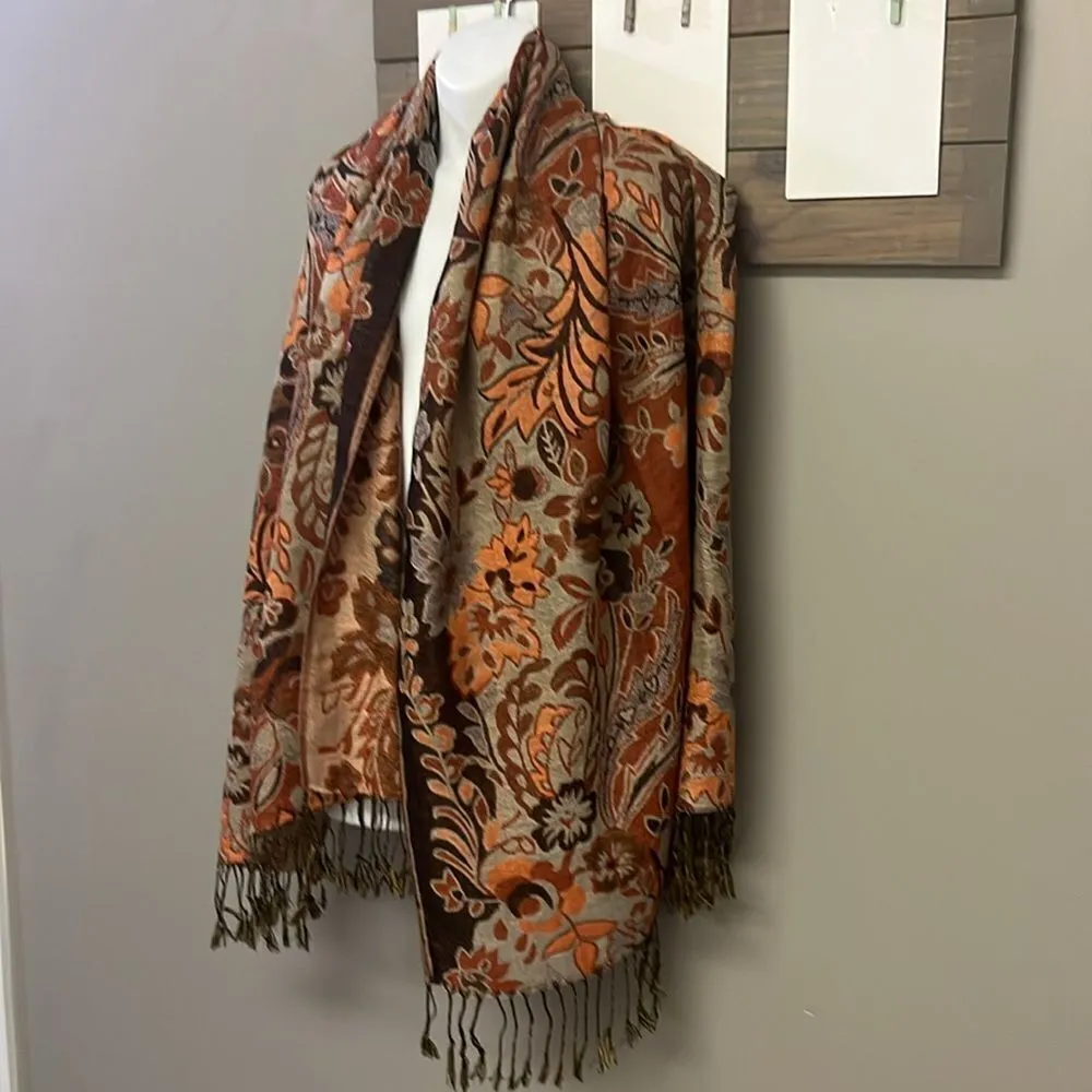 Fall Autumn Scarf Wrap with Fringe Leaves Colorful Thanksgiving Seasonal Brown - Image 2