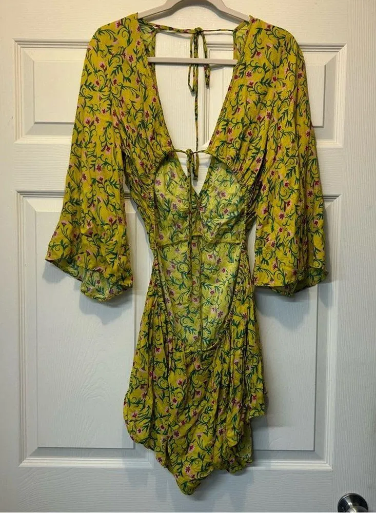 Anthropologie Magnolia Romper One Piece Long Sleeve Shorts Yellow Floral Size L - Image 4