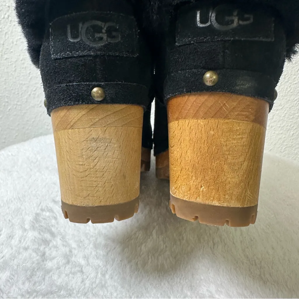 UGG Thebes Black Suede Clog Wooden Bootie Mules with Faux Fur Trim - Image 7