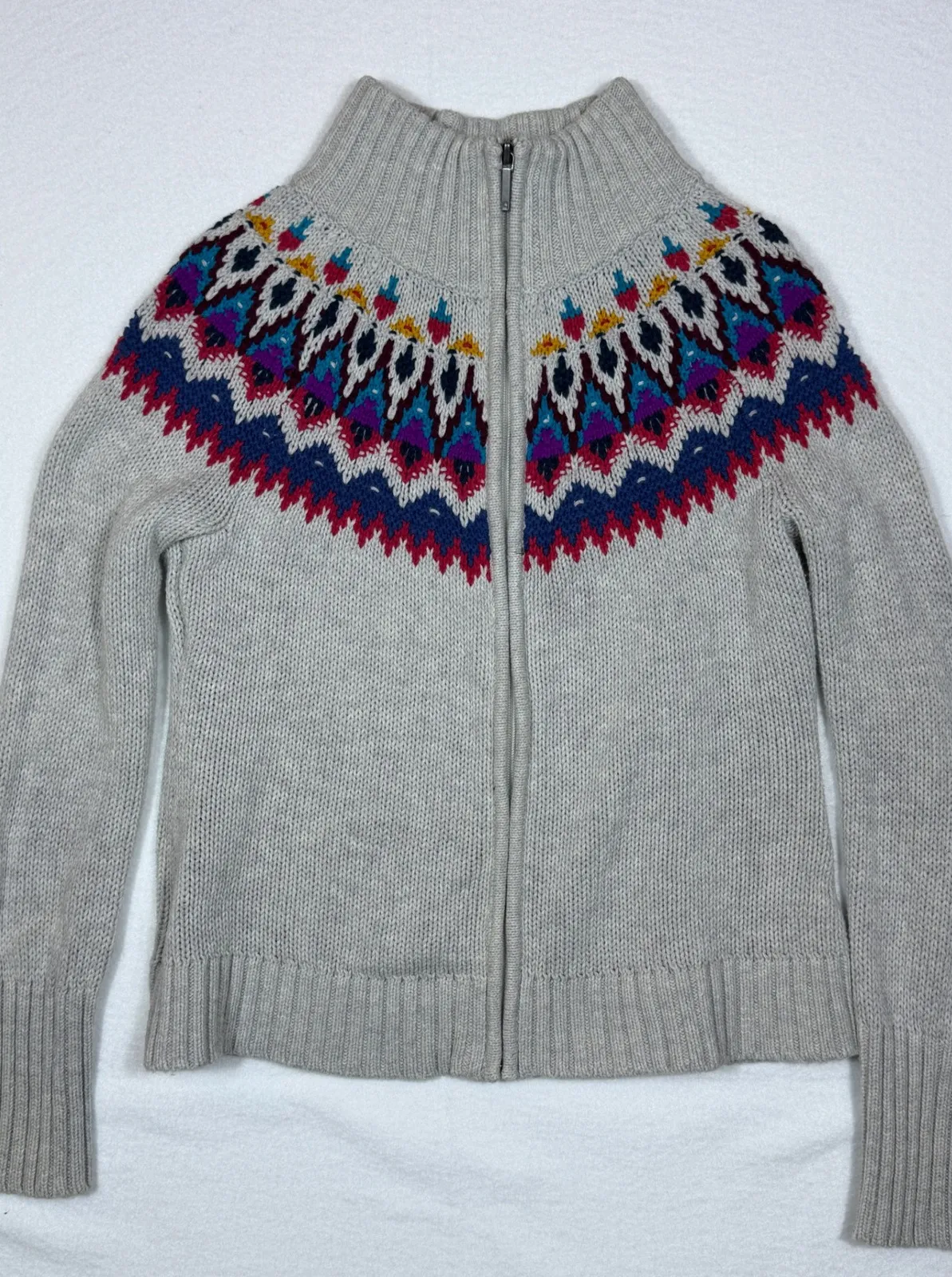 Chaps Denim Fair Isle Full Zip Mock Neck Sweater Women's Small Gray Multicolor Size undefined - Image 1