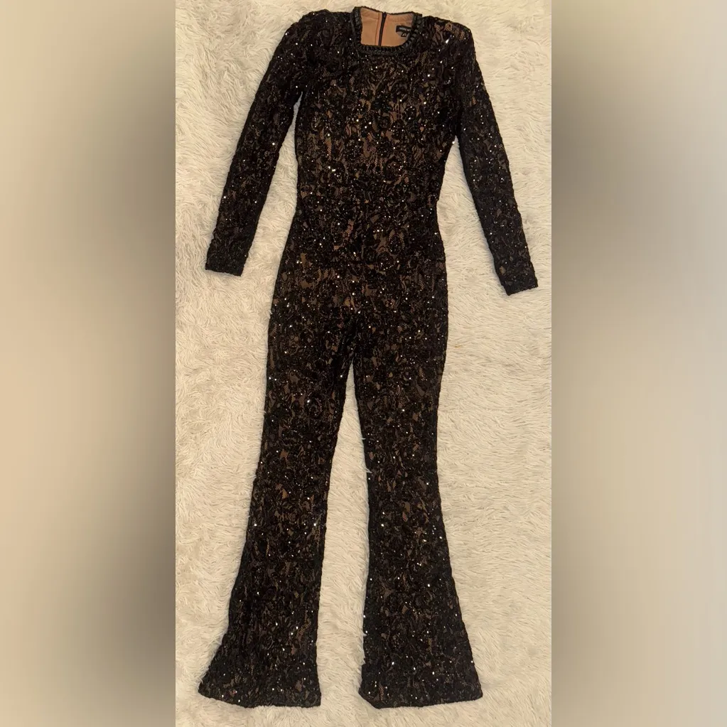 NEW Nadine Merabi BELLA Black Floral Lace Black long sleeves Jumpsuit sz 12 Tan - Image 4
