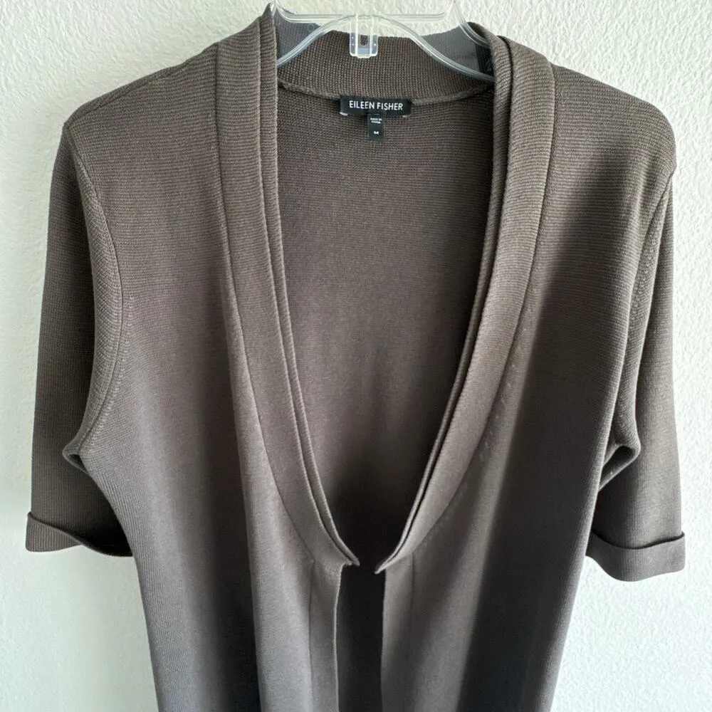 Eileen Fisher M Silk Cotton Knit Cardigan Jacket Open Front Elbow Sleeve - Image 2