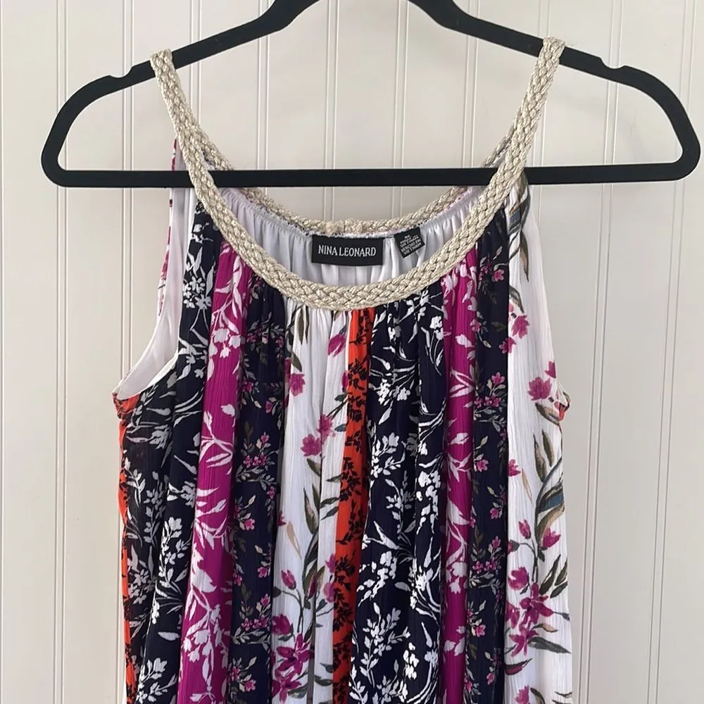 NINA LEONARD Gauzy Flowy Braided Strap Mixed Floral Patchwork Trapeze Dress‎ XL - Image 3