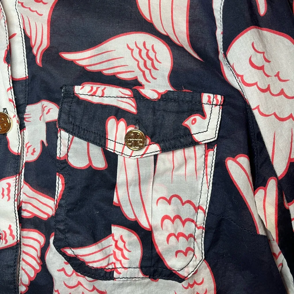 Tory Burch Navy Blue Pink White Bird Patterned Blouse size 6 semi sheer - Image 4
