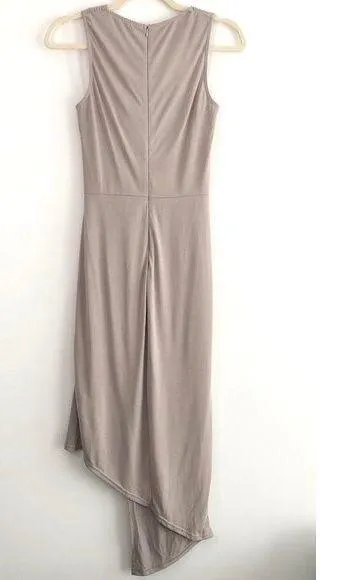 New  Asymmetric Halter Bodycon Dress Twisted Wrap Neck Sleeveless Taupe - Image 9