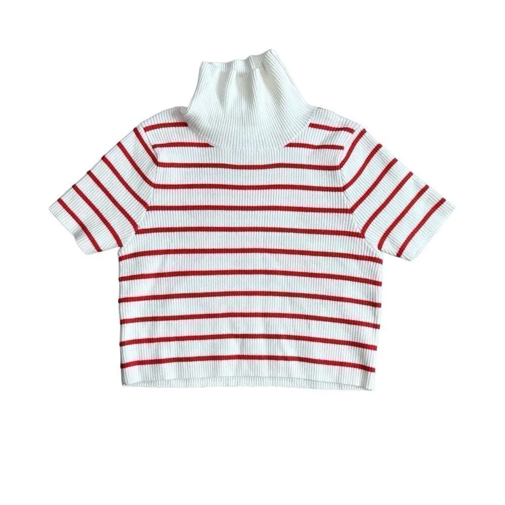 Callahan Lucy Red & White Stripe Turtleneck Short Sleeve Cropped Sweater Size XS Red - Image 6