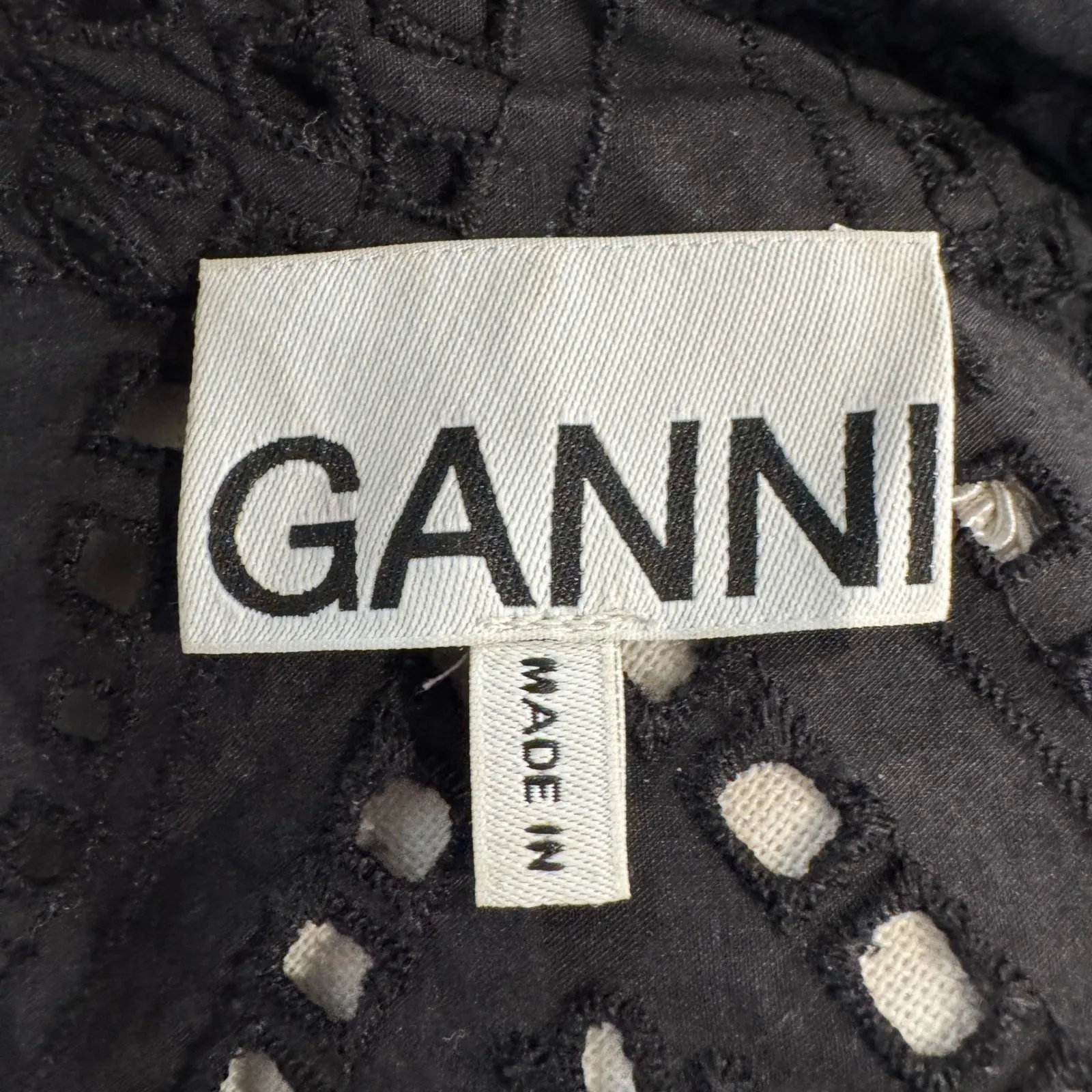 Ganni Black Eyelet Puff Sleeve Button Up Mini Shirt Dress Size 38 - Image 5