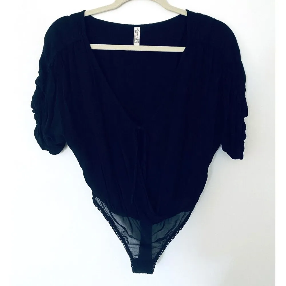 Free People Intimately Black Short Sleeve Cleo Bodysuit Top Black Sz XS - Image 3