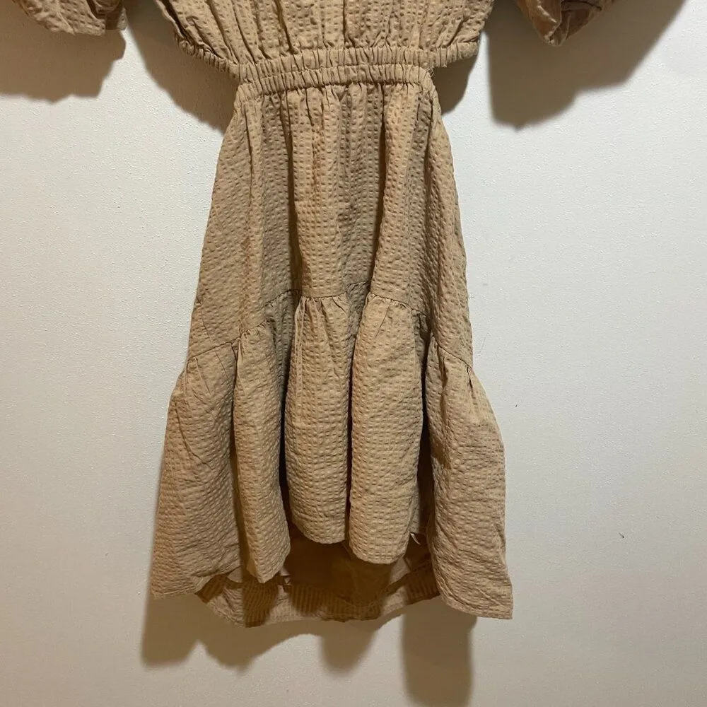 NEW Madewell Size M Seersucker Puff Sleeve Cutout Mini Dress Tan Button Back - Image 8