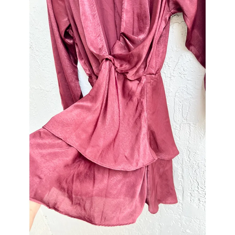 Zara Balloon Sleeve Satin Silky Ruffle Mini Dress Burgundy Women's Size Small - Image 7