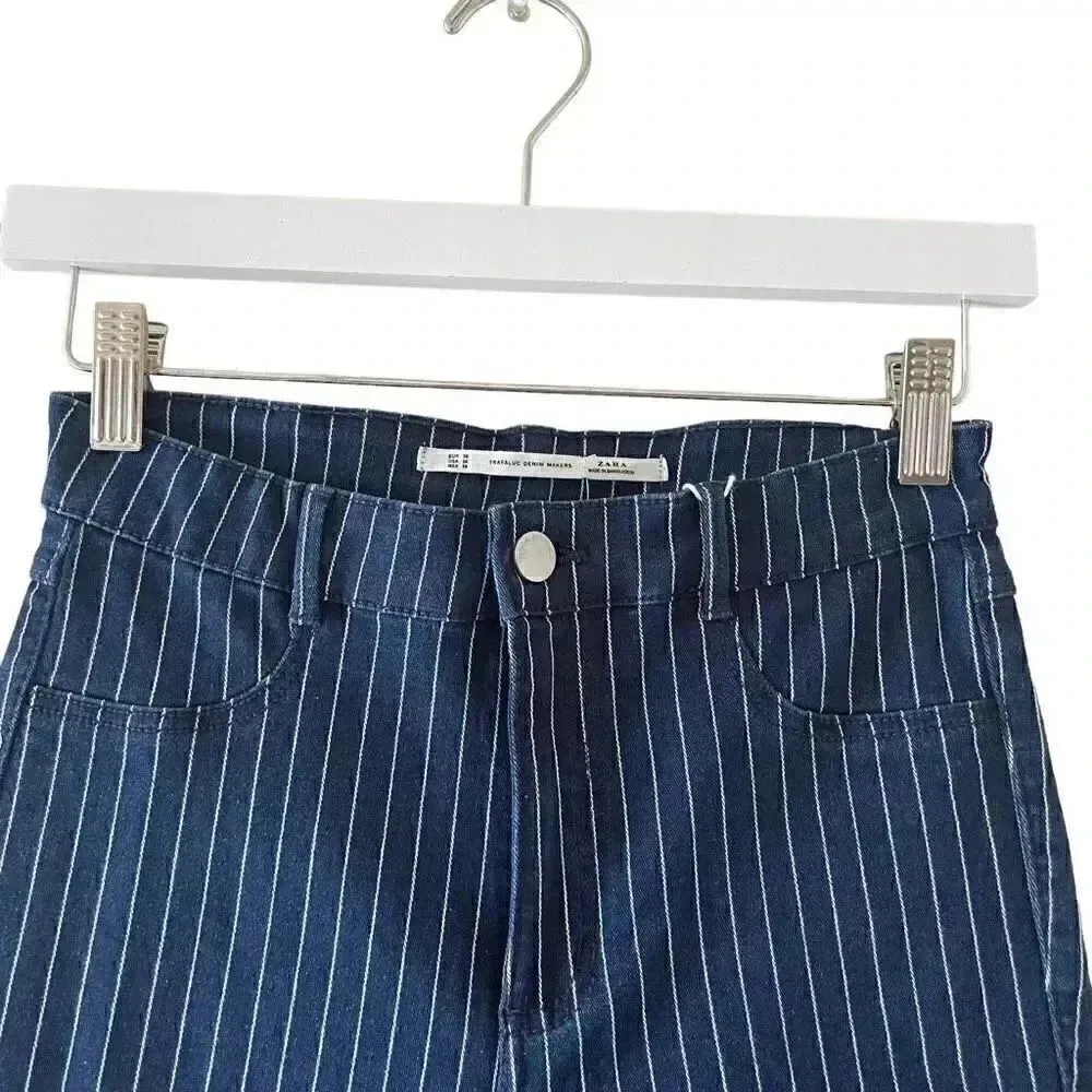 NWT Zara Trafaluc Stretch Navy Stripes Denim Slim Fit Distressed Ankle 6 #1131 - Image 2