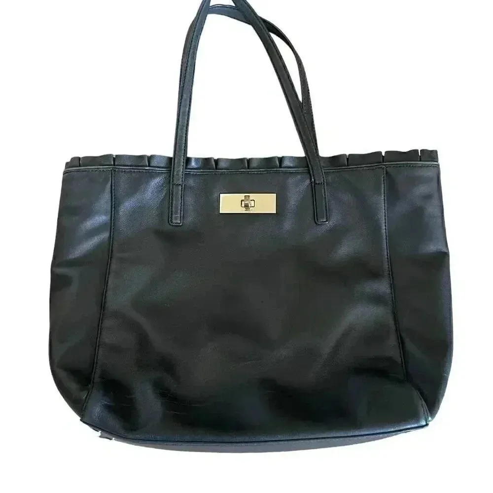 Kate Spade New York Logo Black Leather Tote Double Handles Shoulder Bag Ruffle - Image 9