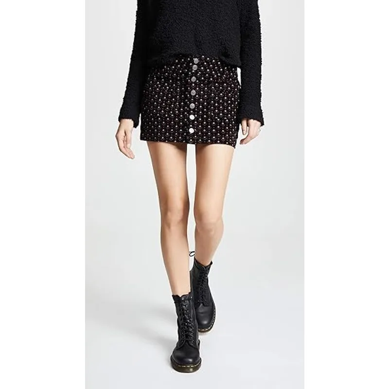 We the Free People Womens Skirt‎ Sz 29 Black Print Joanie Corduroy Mini Buttons - Image 6