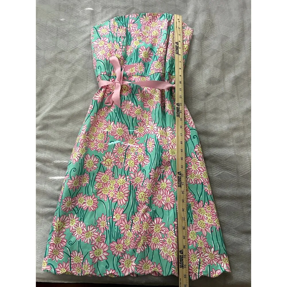 Lilly Pulitzer Green Grass Lion Head & Daisy Strapless Dress Pink Sash Size 6 - Image 9