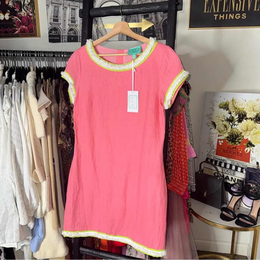 STS Sail to Sable Peachy Pink Linen Shift Dress Bouclé Trim And Gold Back Zip - Image 5