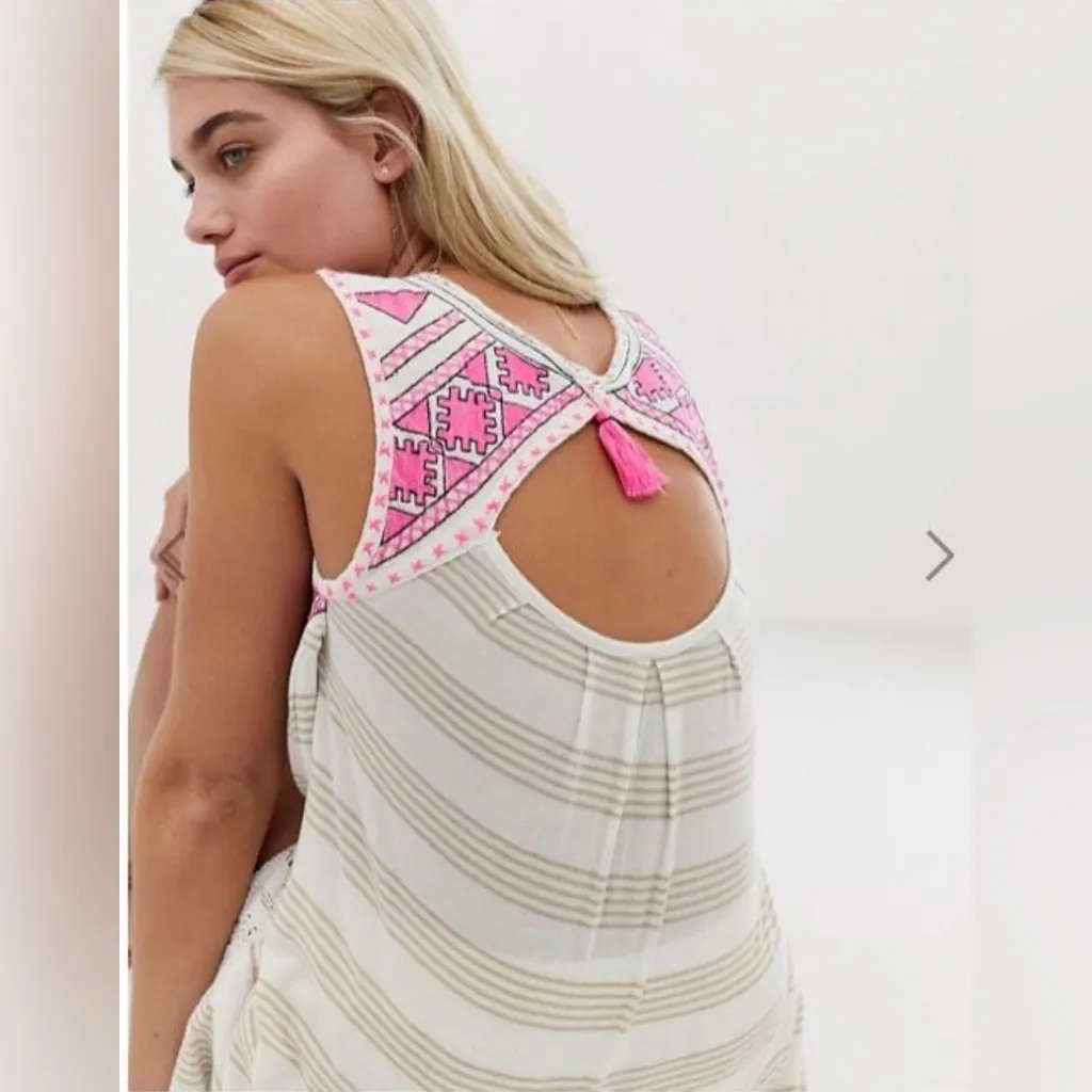 Free People Embroidered Native Sun Long Tunic Dress Slit Pink Striped - Image 2