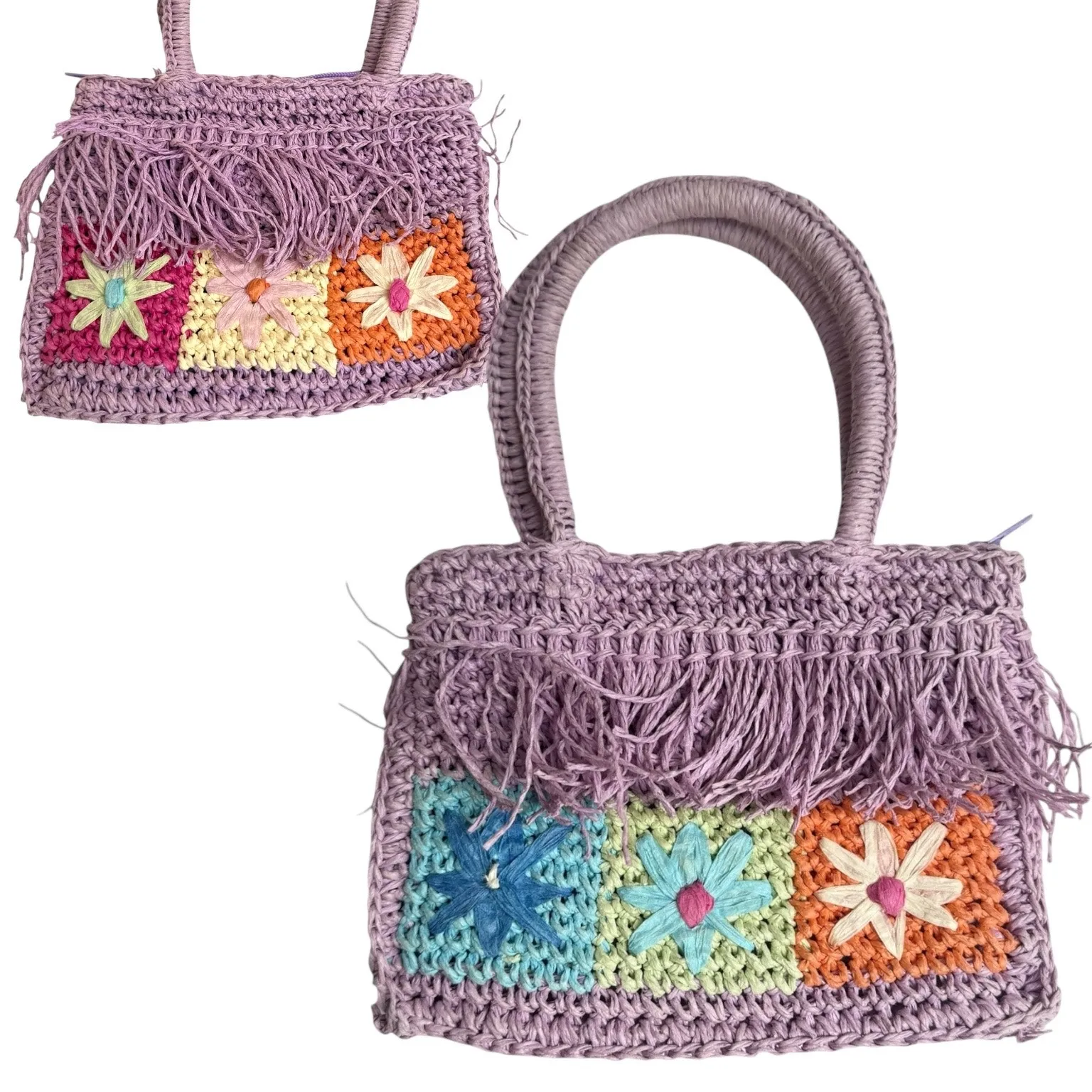 Children's Place Raffia Crochet HANDBAG PURSE Girls Flower Double Sided 6.5x4.5” Purple - Image 9