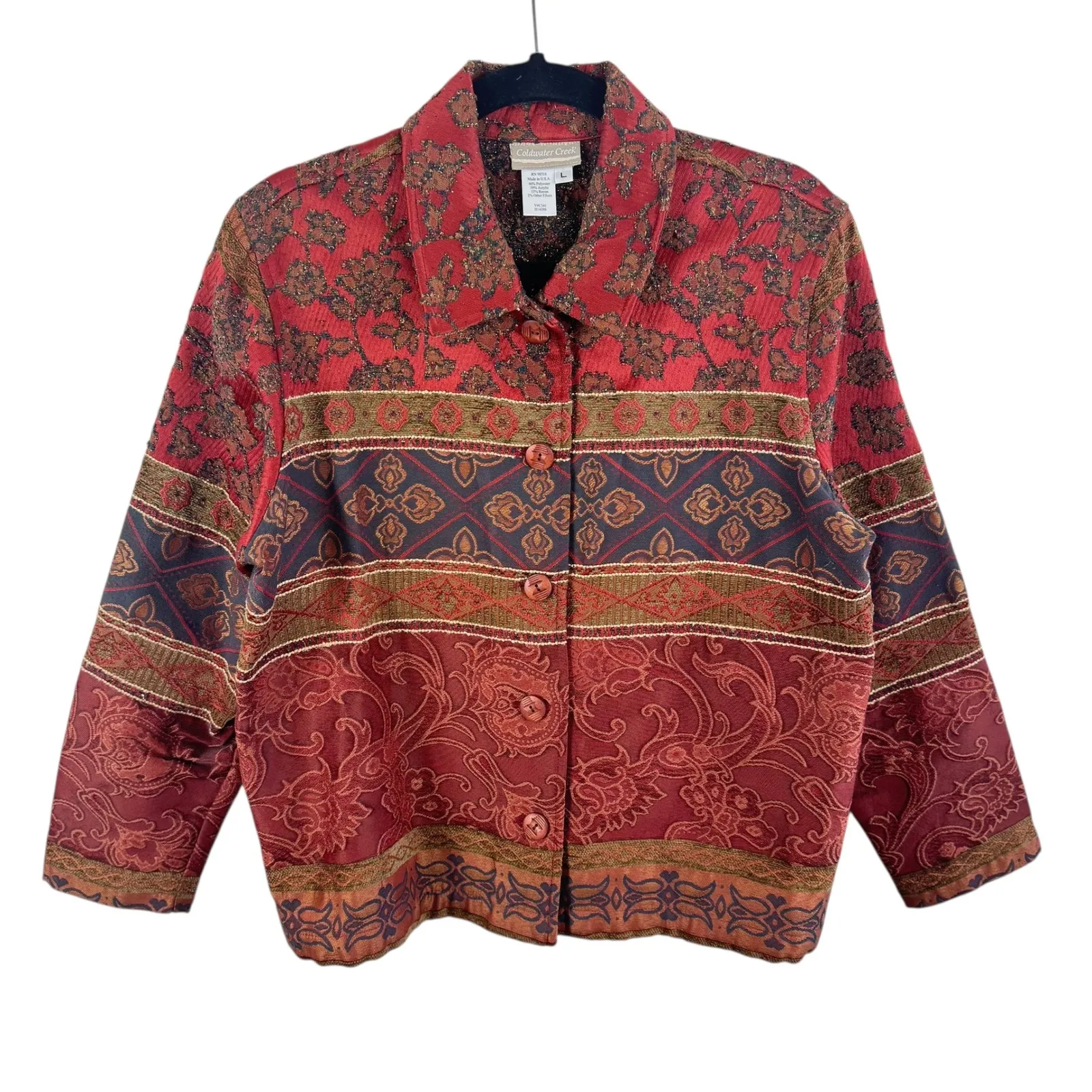 Coldwater Creek Womens Button Front Tapestry Shimmer Jacket Red Striped Size L - Image 1
