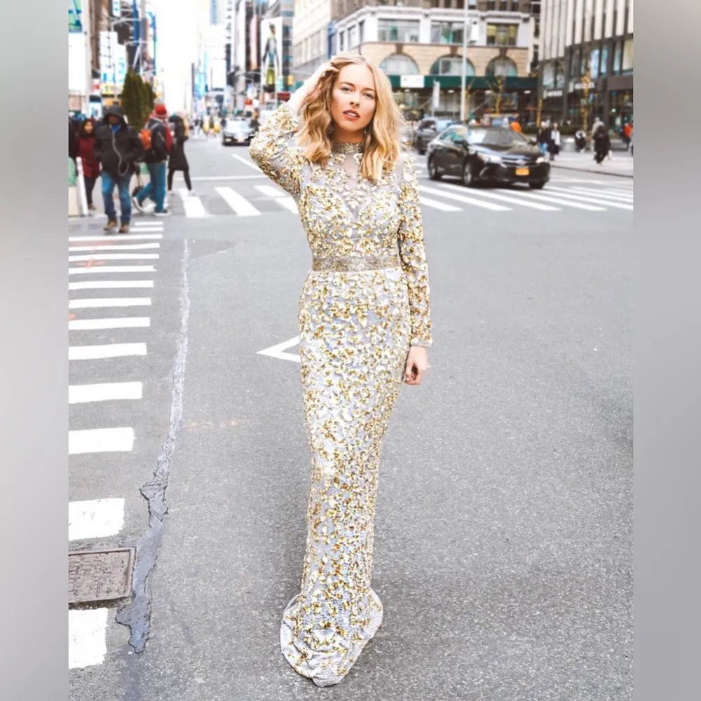 Mac Duggal 4316D Long Sleeve Beaded Formal Black Tie Evening Gown Platinum Gold - Image 9