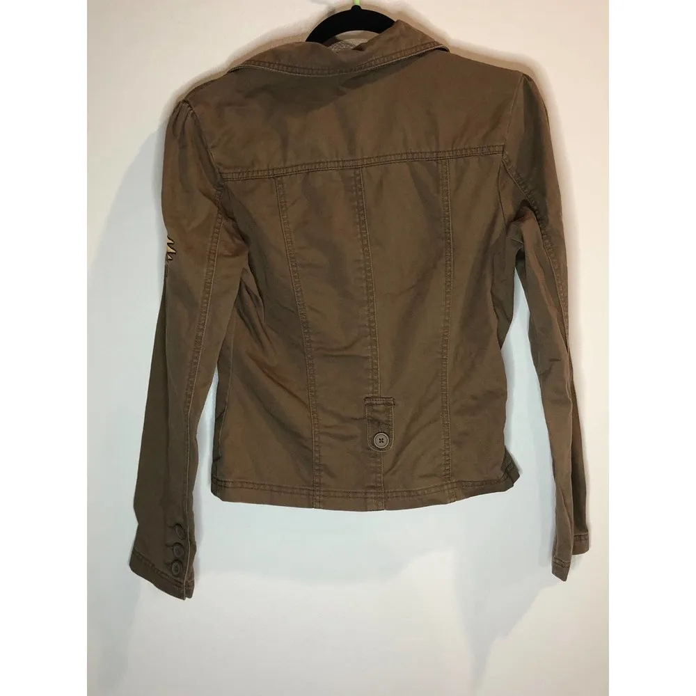 SO  Medium Brown Military Maverick Bomber Jacket Button Patch Neutral - Image 6