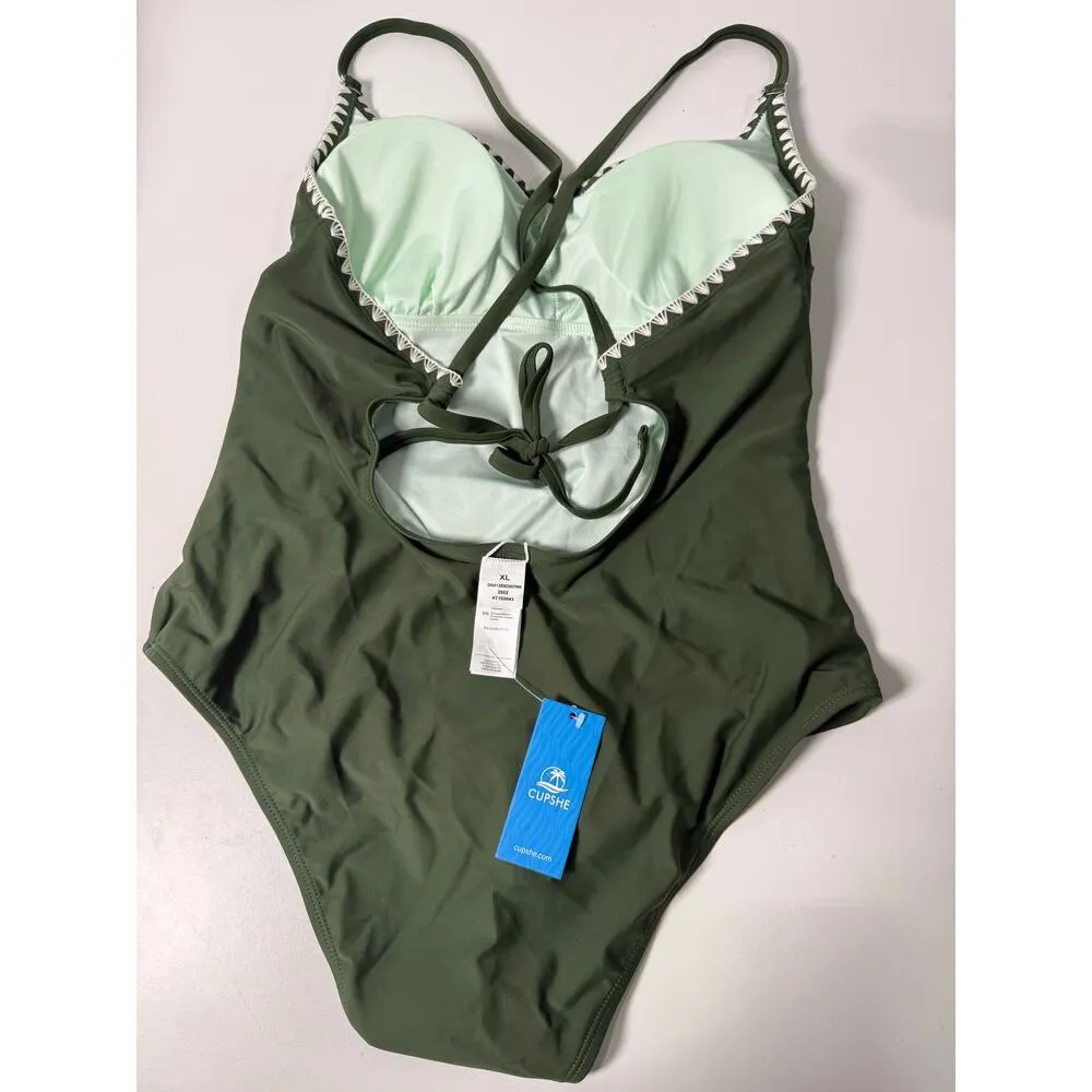 CUPSHE Women's One Piece Swimsuit Bathing Suit Scoop Neck Back Tie Shell Stitch - Image 5