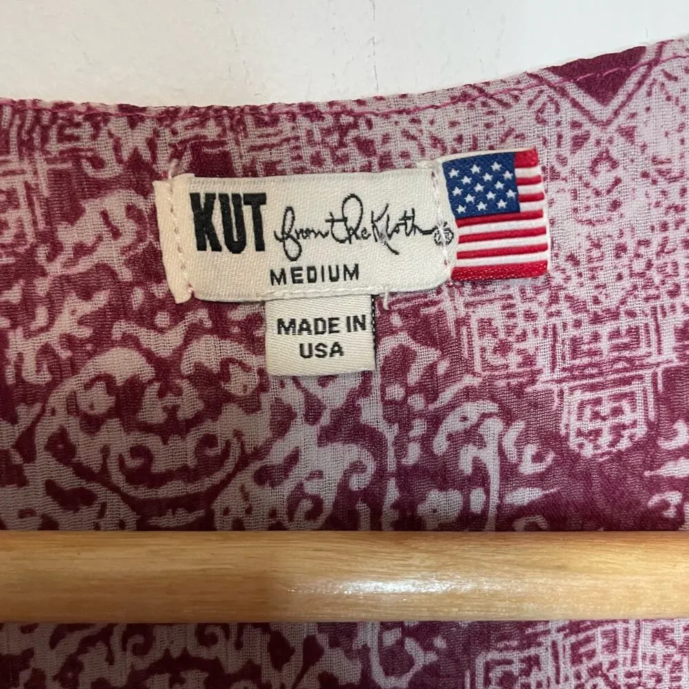 KutFromTheKloth Printed Blouse M Women Sheer Faux Wrap Roll Tab Career Geometric - Image 6