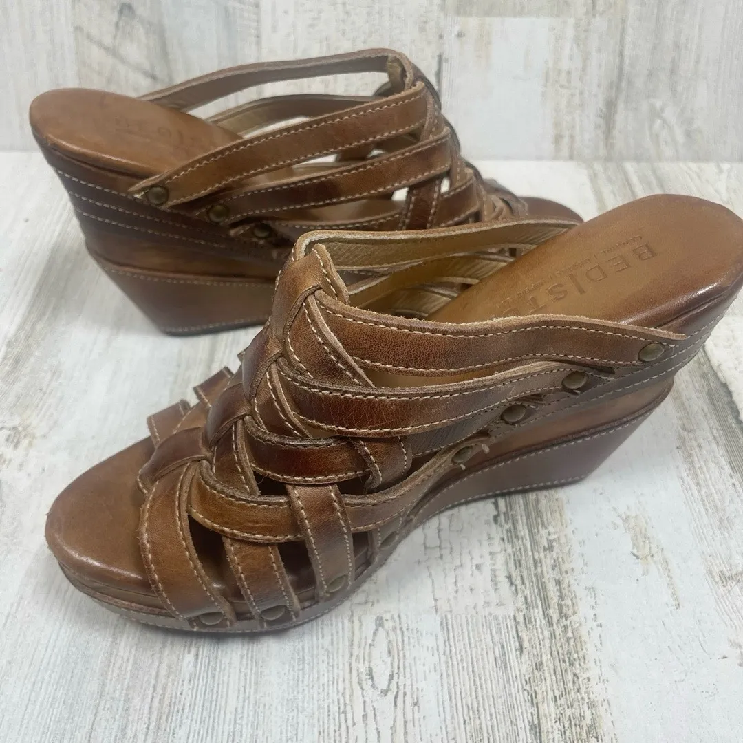 Bed Stu Gina Distressed Leather Wedge Sandals Brown Pecan Size 7 Studded Weaved - Image 5