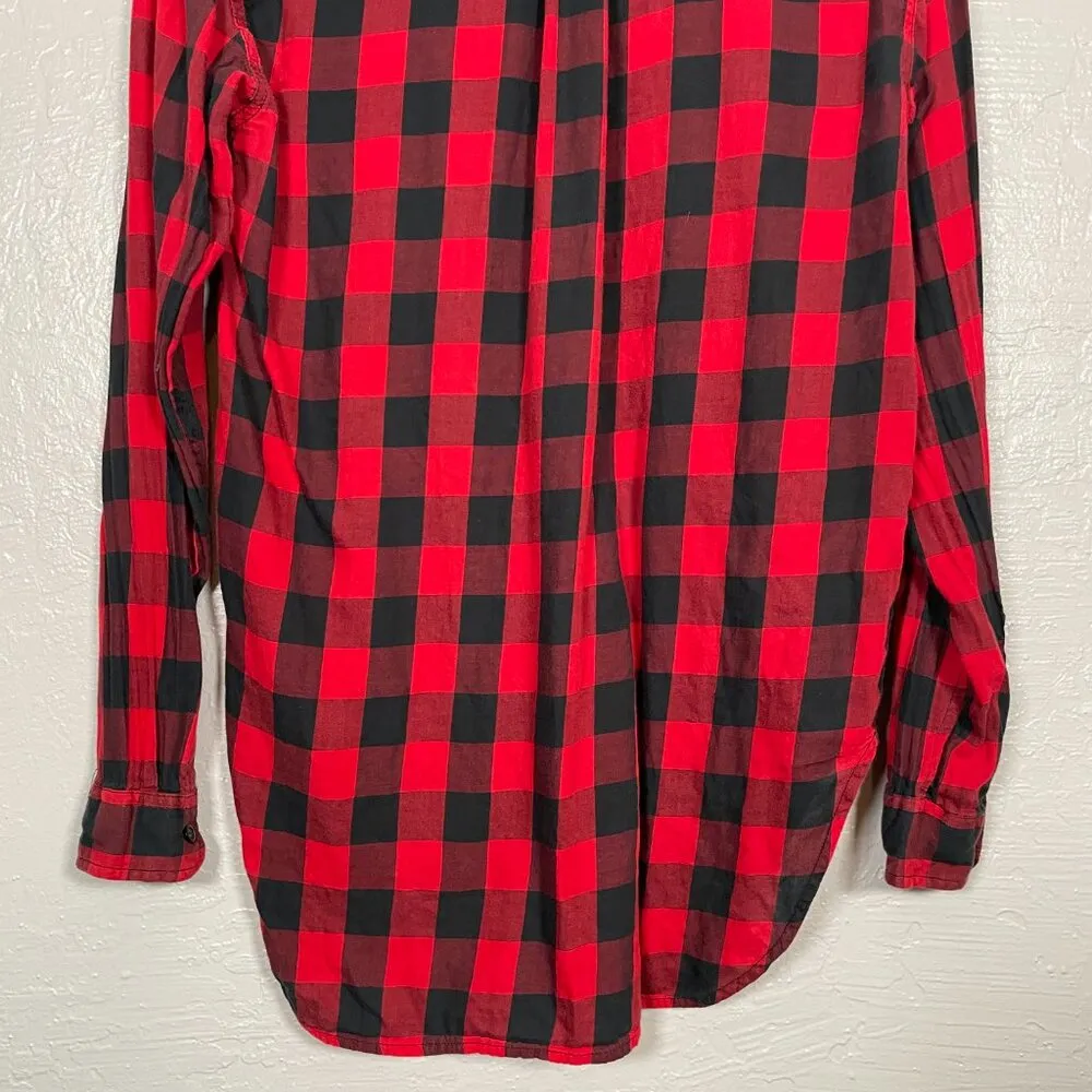 Women XS Black Red Plaid Shirt Long Sleeve Boyfriend - Image 8