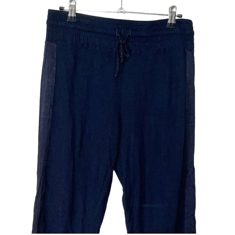 Monrow Women Supersoft Satin Stripes Sweatpants Navy Drawstring Size Small Blue - Image 3