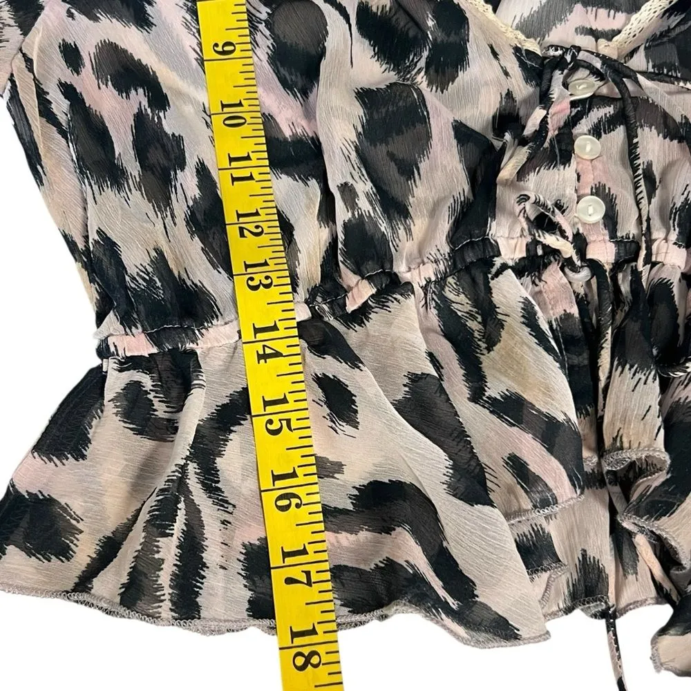 Reclaimed Vintage Womens Y2K Animal Print Crop Top Sz 8 Tie Front Boho Mob Wife Black - Image 7