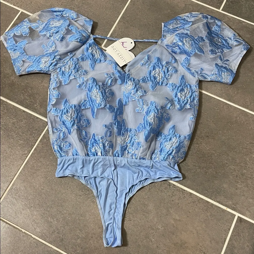 Buddy Love FELICITY Puff Sleeve BODYSUIT size Small Blue - Image 4