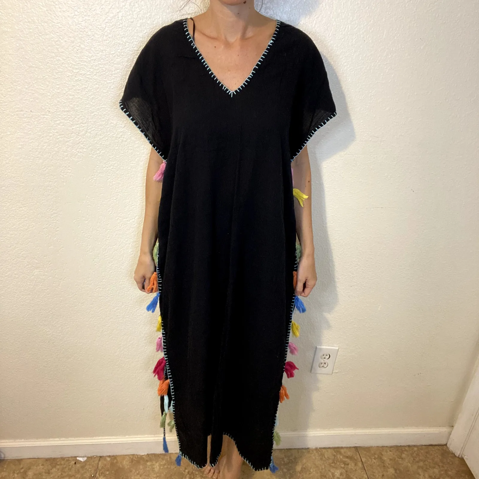 Blue Rod Beattie Long Cover Up Maxi Dress Cotton Black Rainbow Tassels Beach M‎ - Image 3